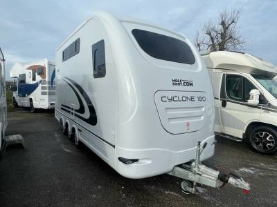 Holeshot Cyclone 180 4 berth Caravan with large motorbike garage.